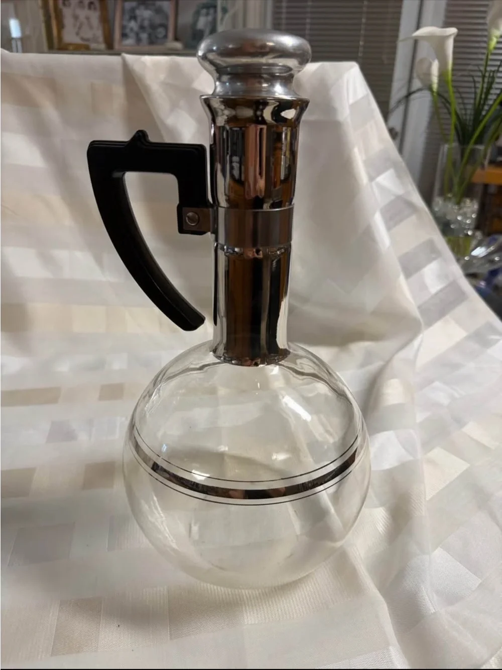 Mid century modern Decanter with Black Handle and Silver Accents